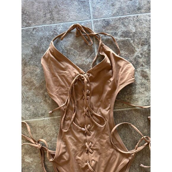 Skims Signature Swim Lace Up Monokini Almond Size XL - Picture 8 of 12